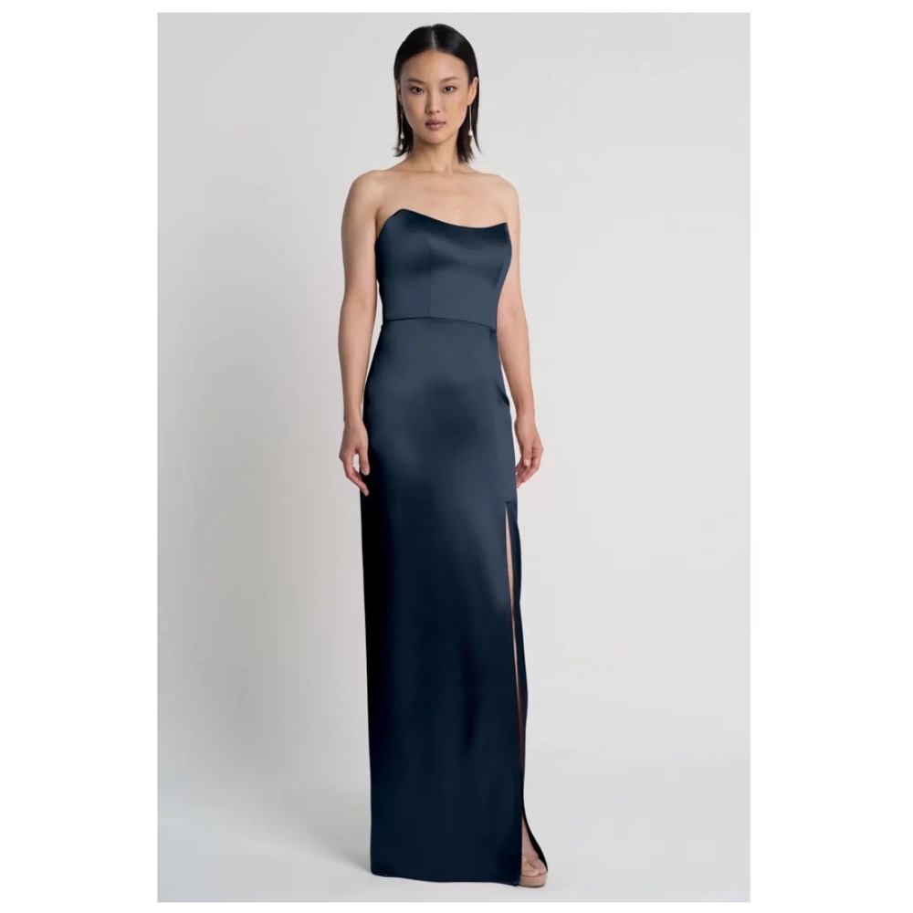 Jenny Yoo bridesmaid dress in satin crepe fabric French blue color.